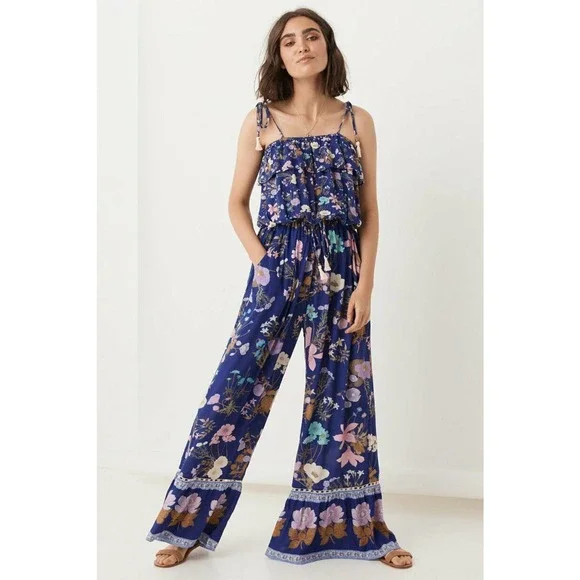 Spell & The Gypsy Free People Wild Bloom Blue Floral Print Jumpsuit S Rare - Picture 2 of 5